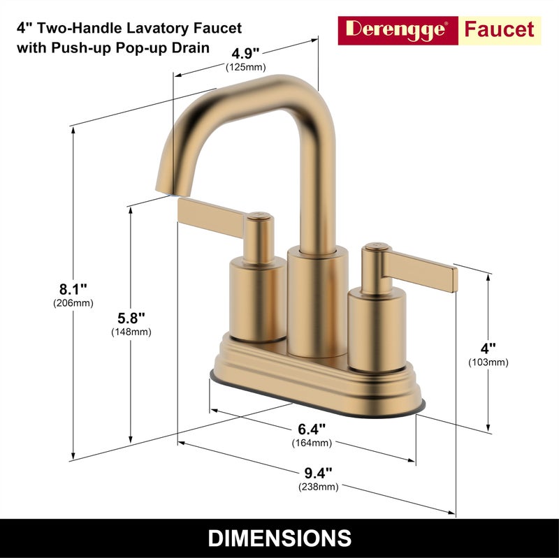 Derengge Brushed Gold Bathroom Faucet,Two Handle 4 Inch Centerset Bathroom Sink Faucet with Push up Pop-up Drain,F-M4501-CS - Image 2